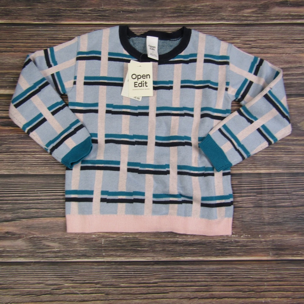 Open Edit NEW Womens Size 6 Blue Pink Gingham Pattern‎ Sweater Sweatshirt